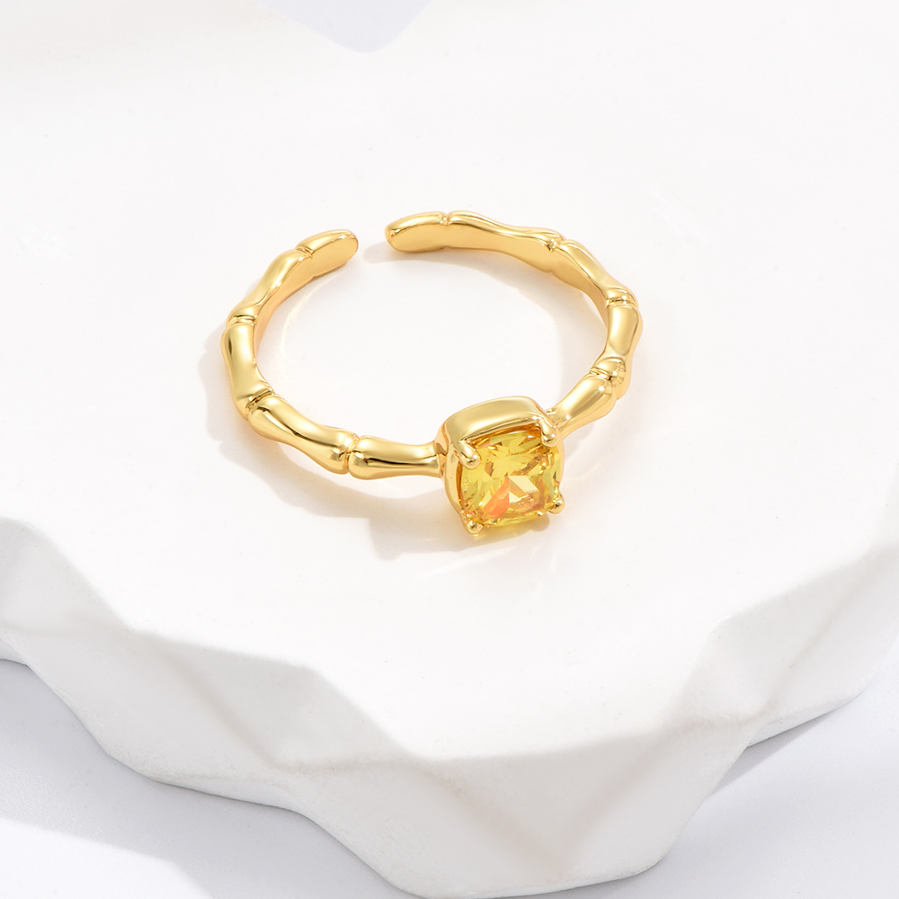 Bamboo Princess Cut Yellow Zirconia Crystal Open Ring Adjustable