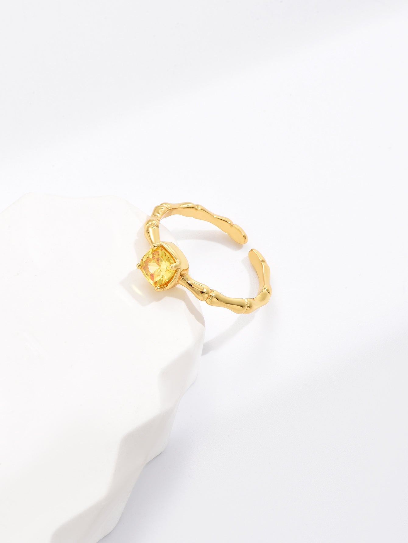 Bamboo Princess Cut Yellow Zirconia Crystal Open Ring Adjustable