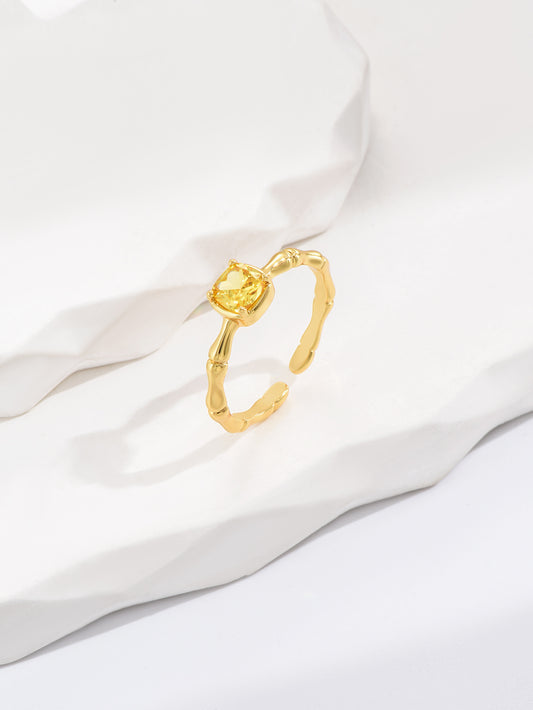Bamboo Princess Cut Yellow Zirconia Crystal Open Ring Adjustable