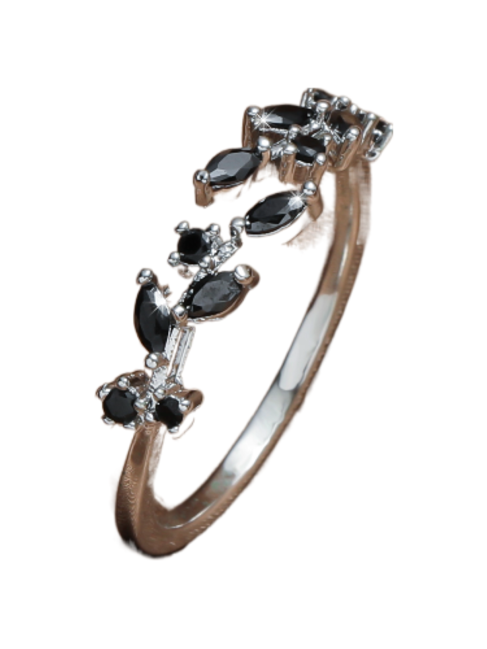 Leaf Black Zircon Crystal Wrap Open Ring Adjustable Silver or Gold