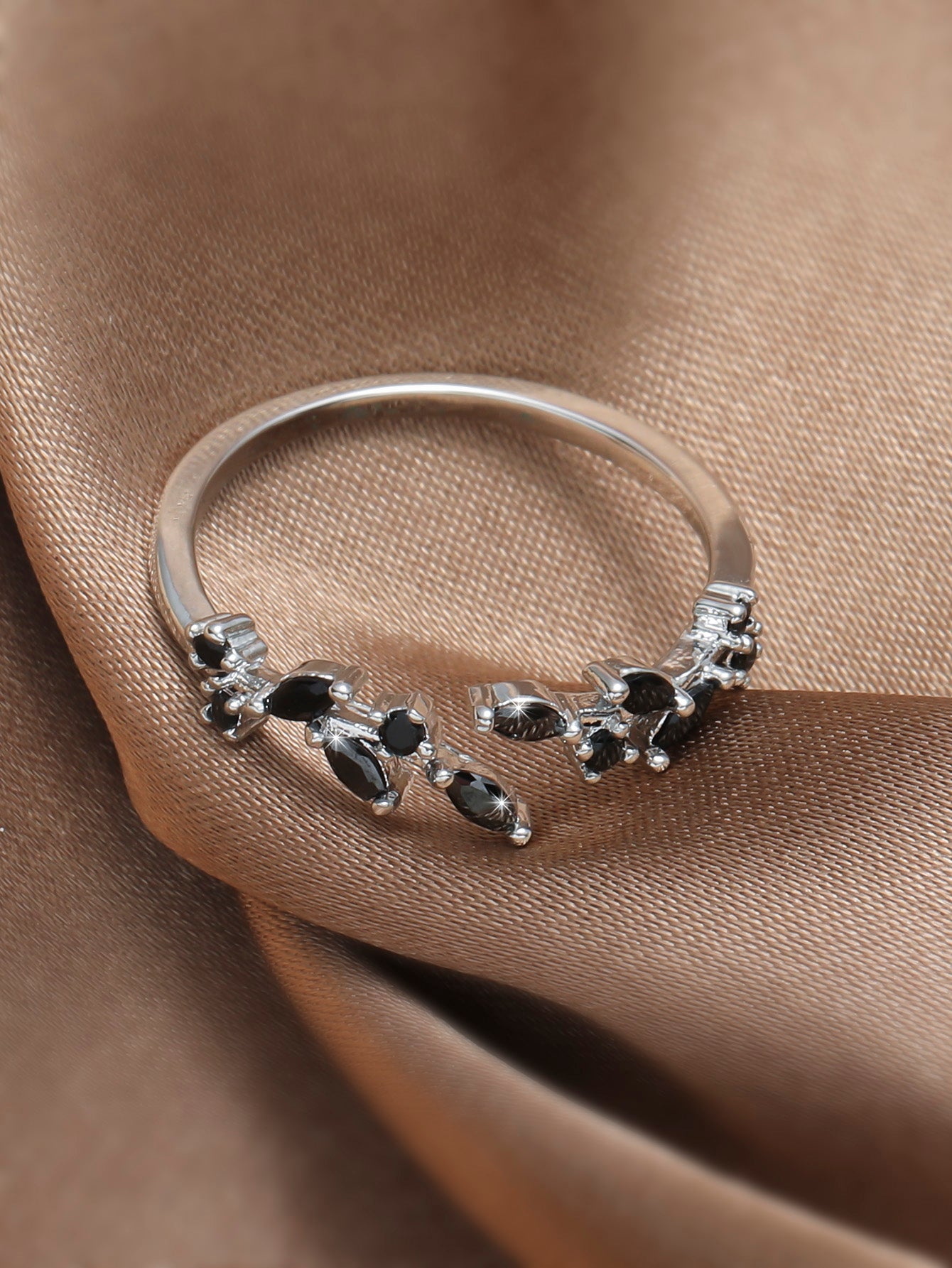 Leaf Black Zircon Crystal Wrap Open Ring Adjustable Silver or Gold