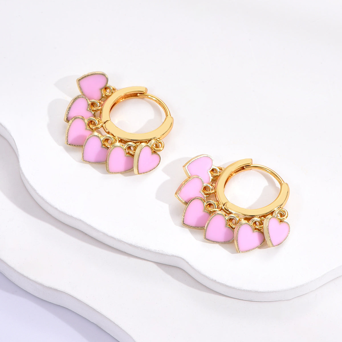 Pink Love Heart Charms Huggie Gold Plated Earrings