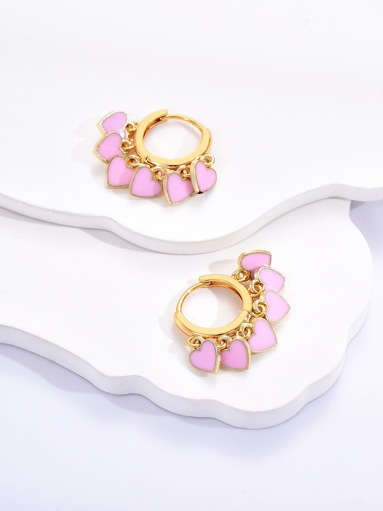 Pink Love Heart Charms Huggie Gold Plated Earrings