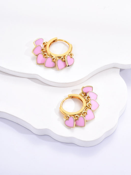 Pink Love Heart Charms Huggie Gold Plated Earrings