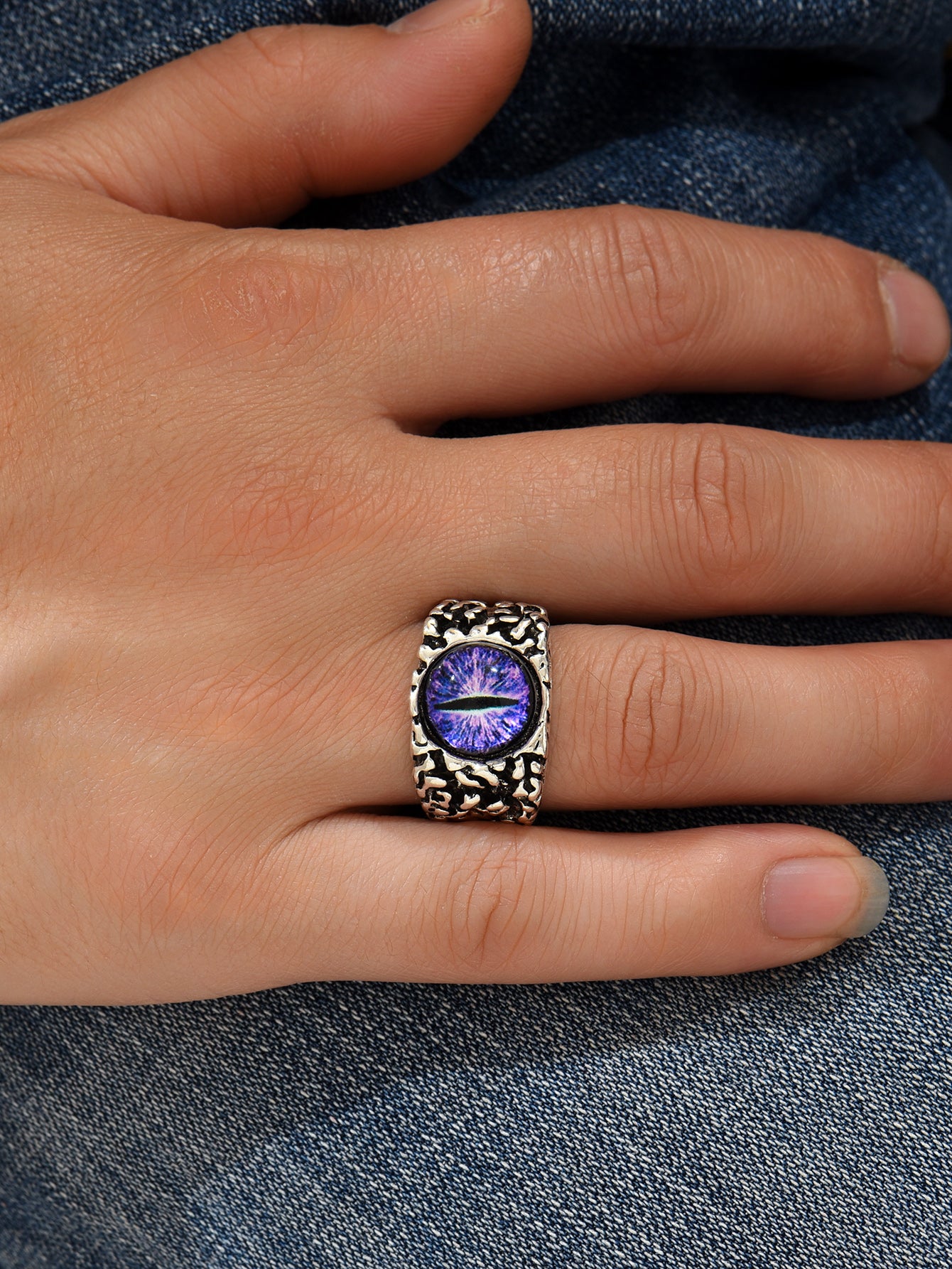Purple Cat Eye Silver Tone Open Ring Adjustable