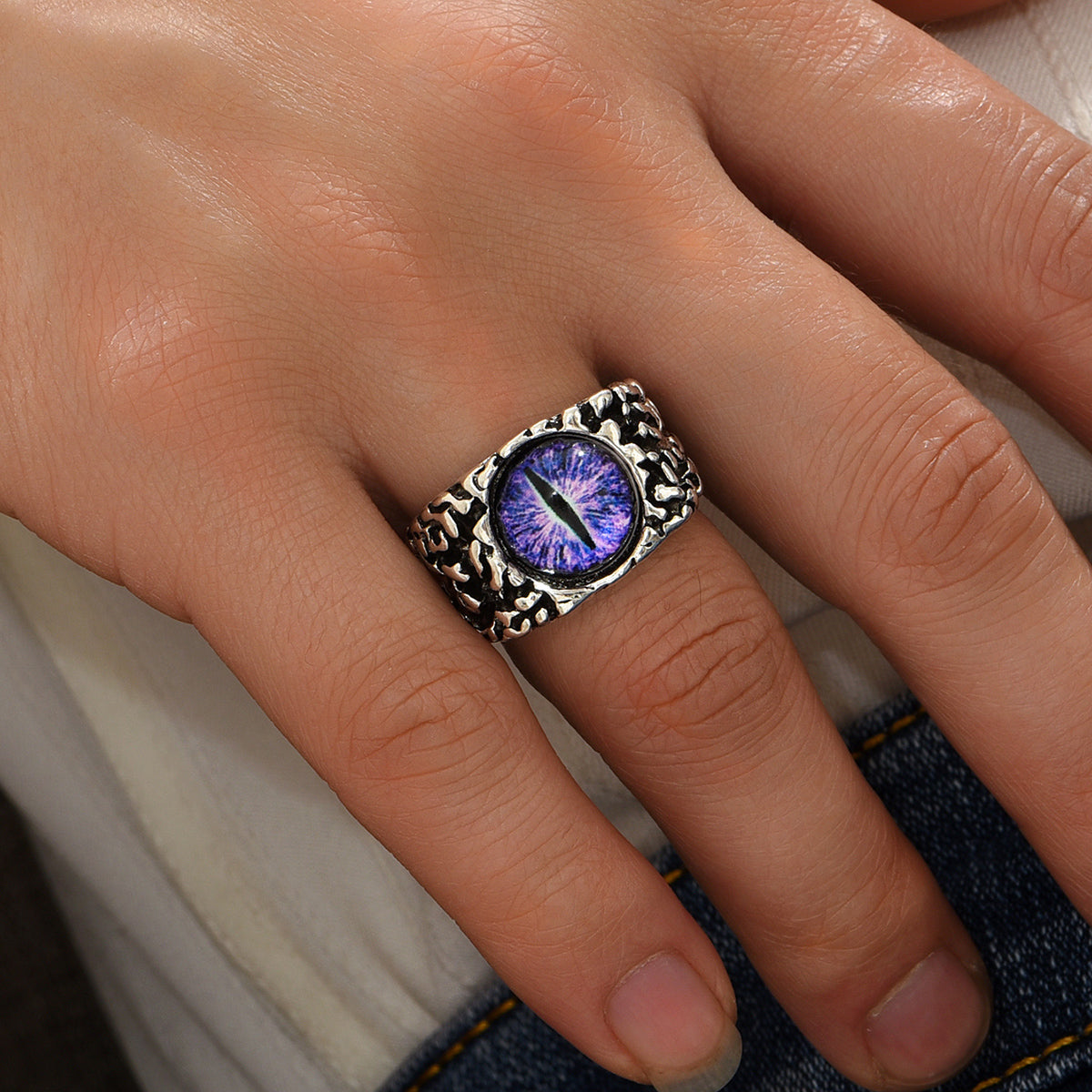Purple Cat Eye Silver Tone Open Ring Adjustable