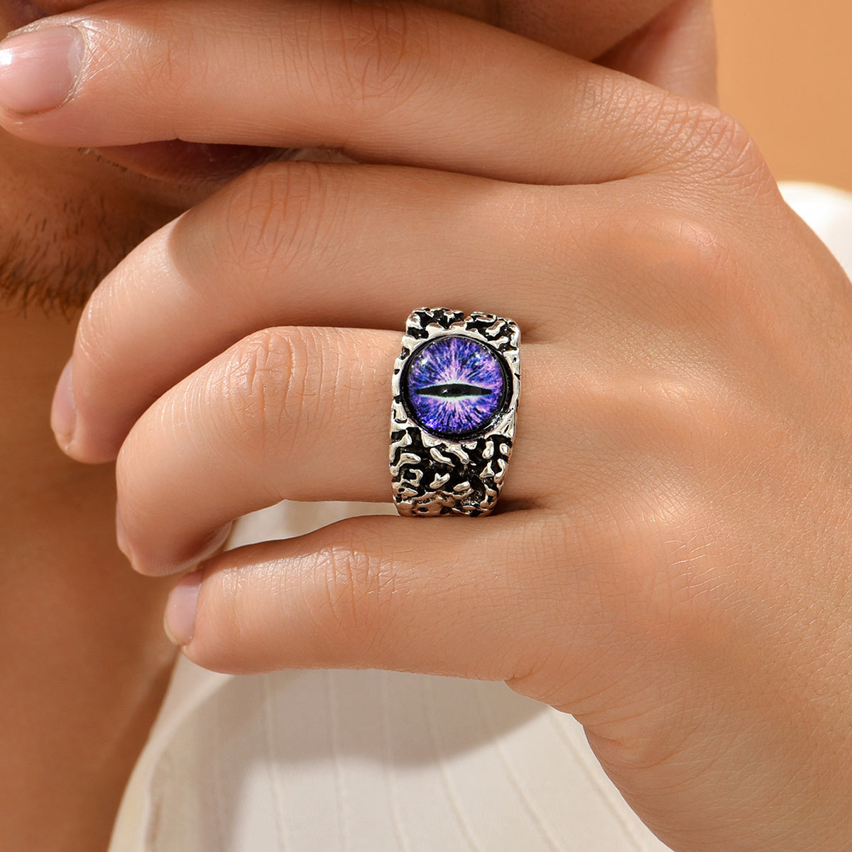 Purple Cat Eye Silver Tone Open Ring Adjustable