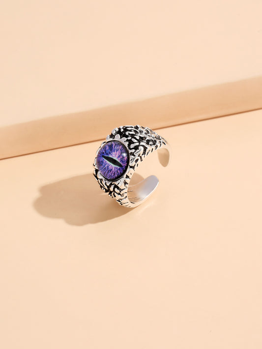 Purple Cat Eye Silver Tone Open Ring Adjustable