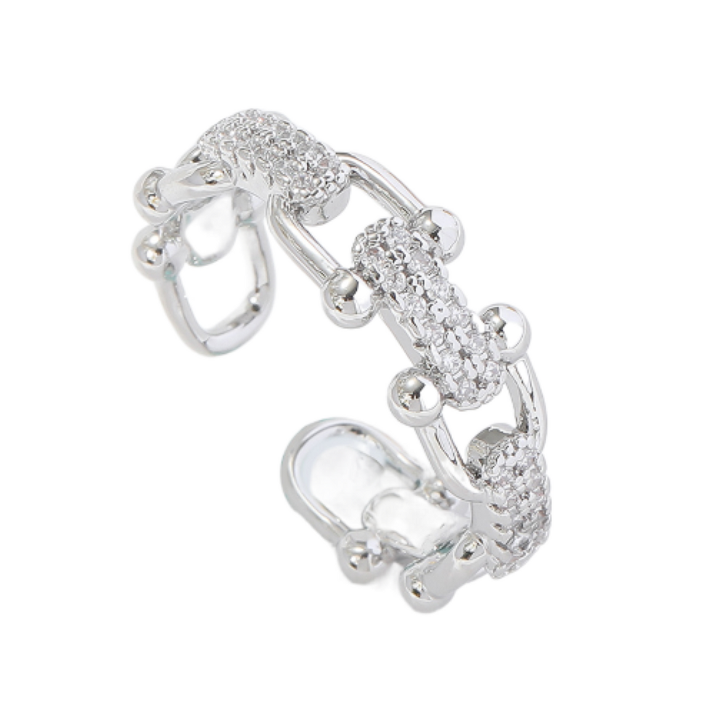U Linked Zircon Crystal Silver Tone Open Ring Adjustable