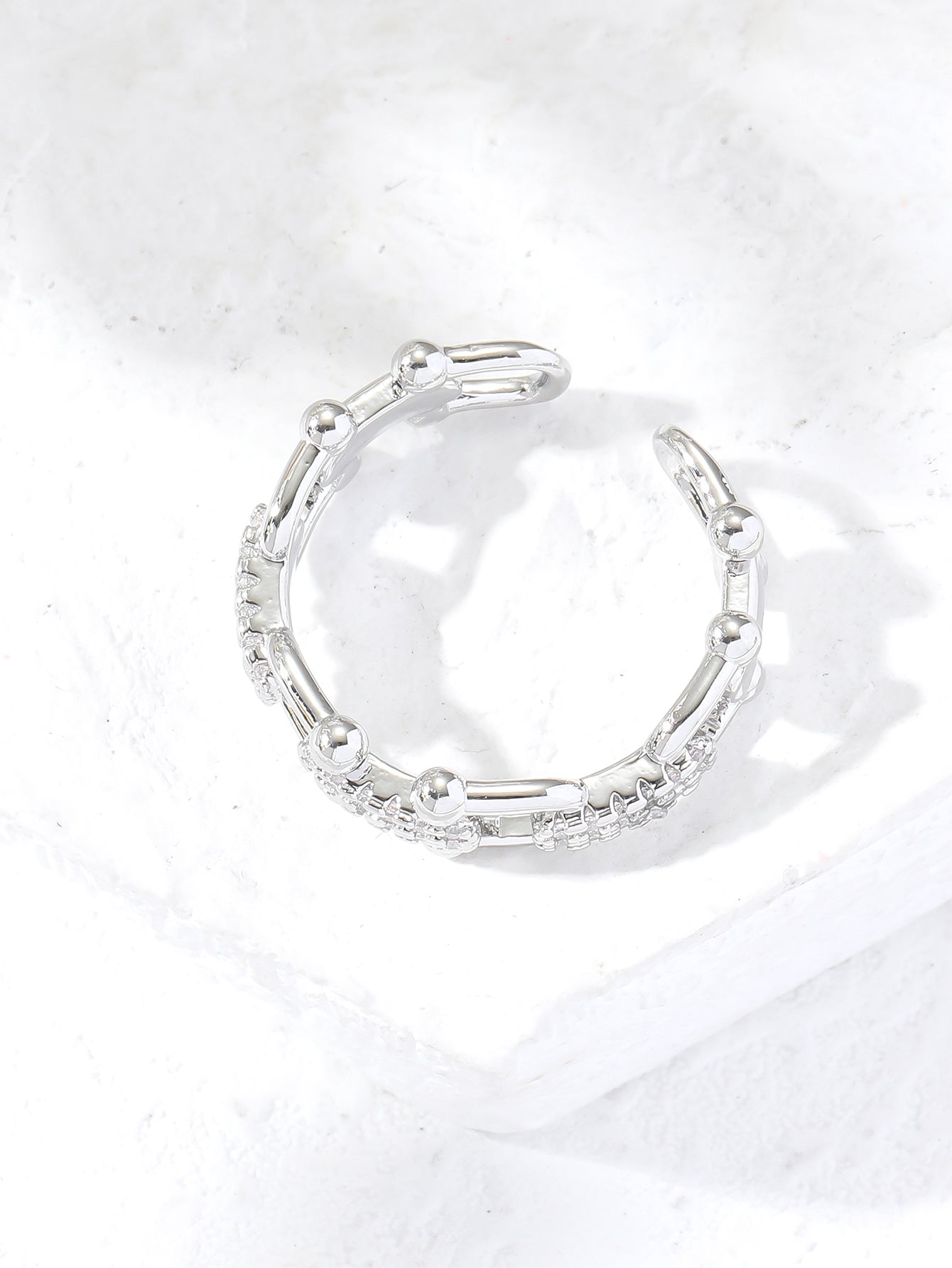 U Linked Zircon Crystal Silver Tone Open Ring Adjustable