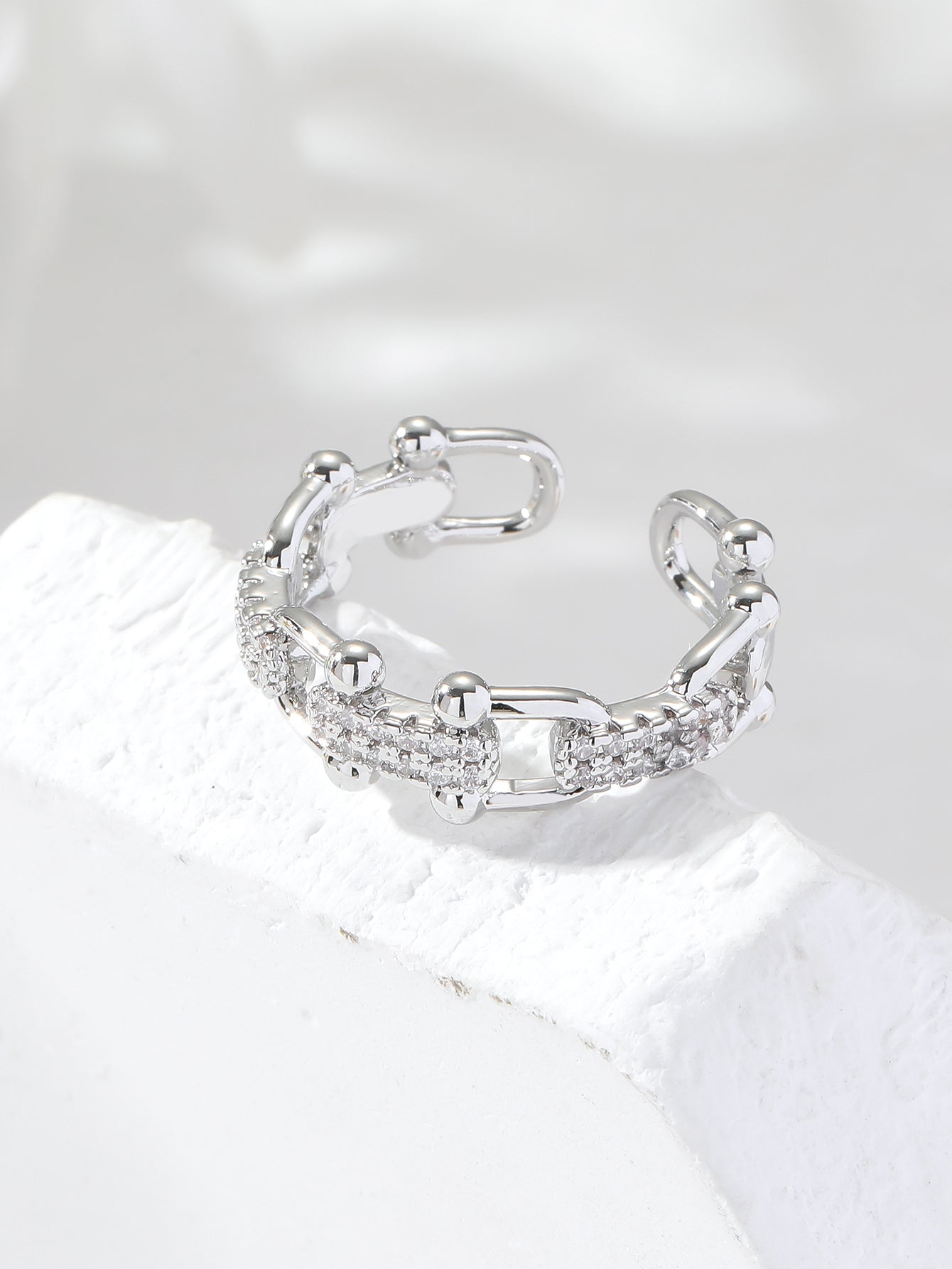 U Linked Zircon Crystal Silver Tone Open Ring Adjustable