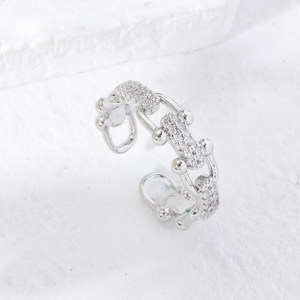U Linked Zircon Crystal Silver Tone Open Ring Adjustable