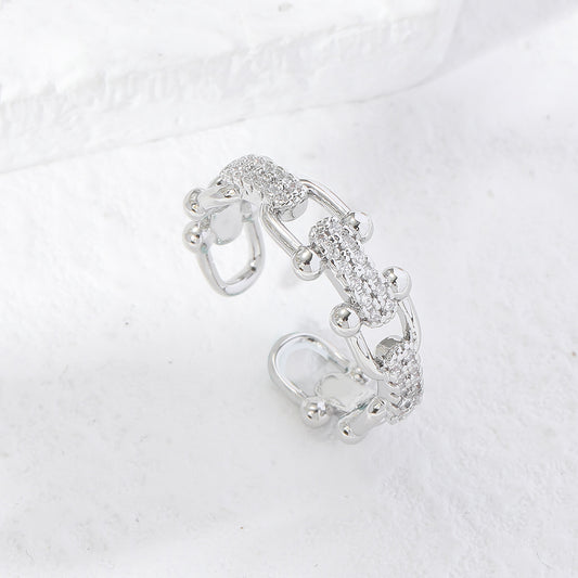 U Linked Zircon Crystal Silver Tone Open Ring Adjustable
