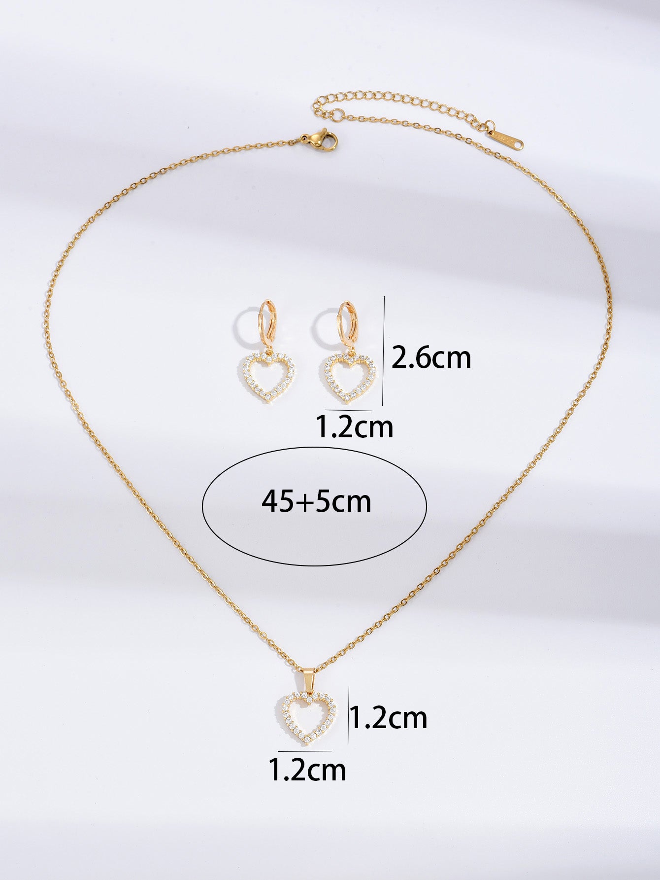 Love Heart Zircon Crystals Necklace and Huggies Earring Gold Tone 2 Pcs Jewellery Set