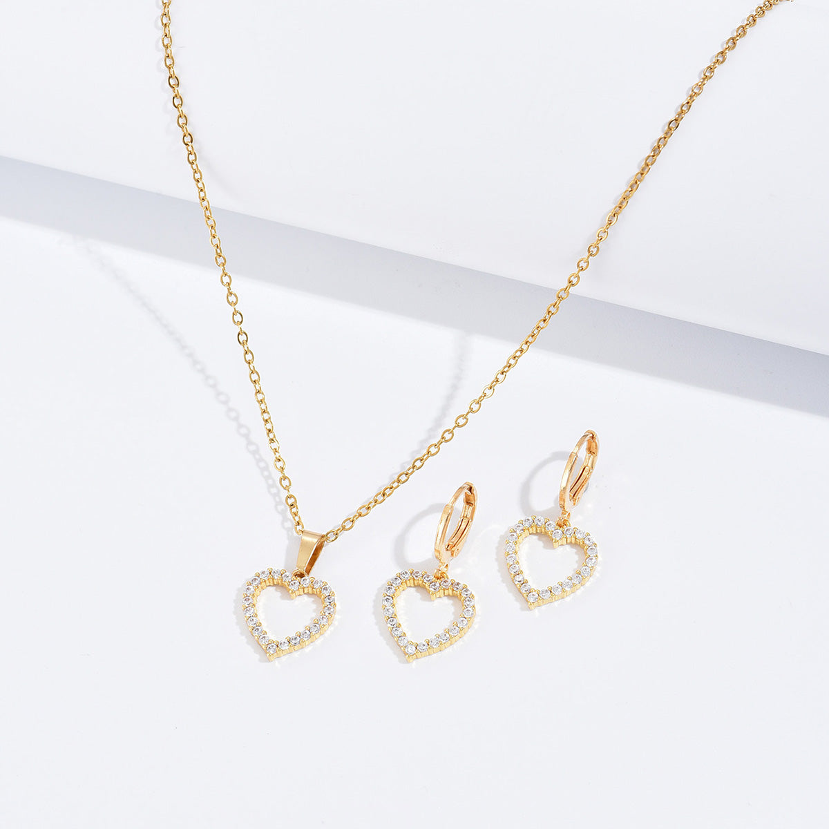 Love Heart Zircon Crystals Necklace and Huggies Earring Gold Tone 2 Pcs Jewellery Set