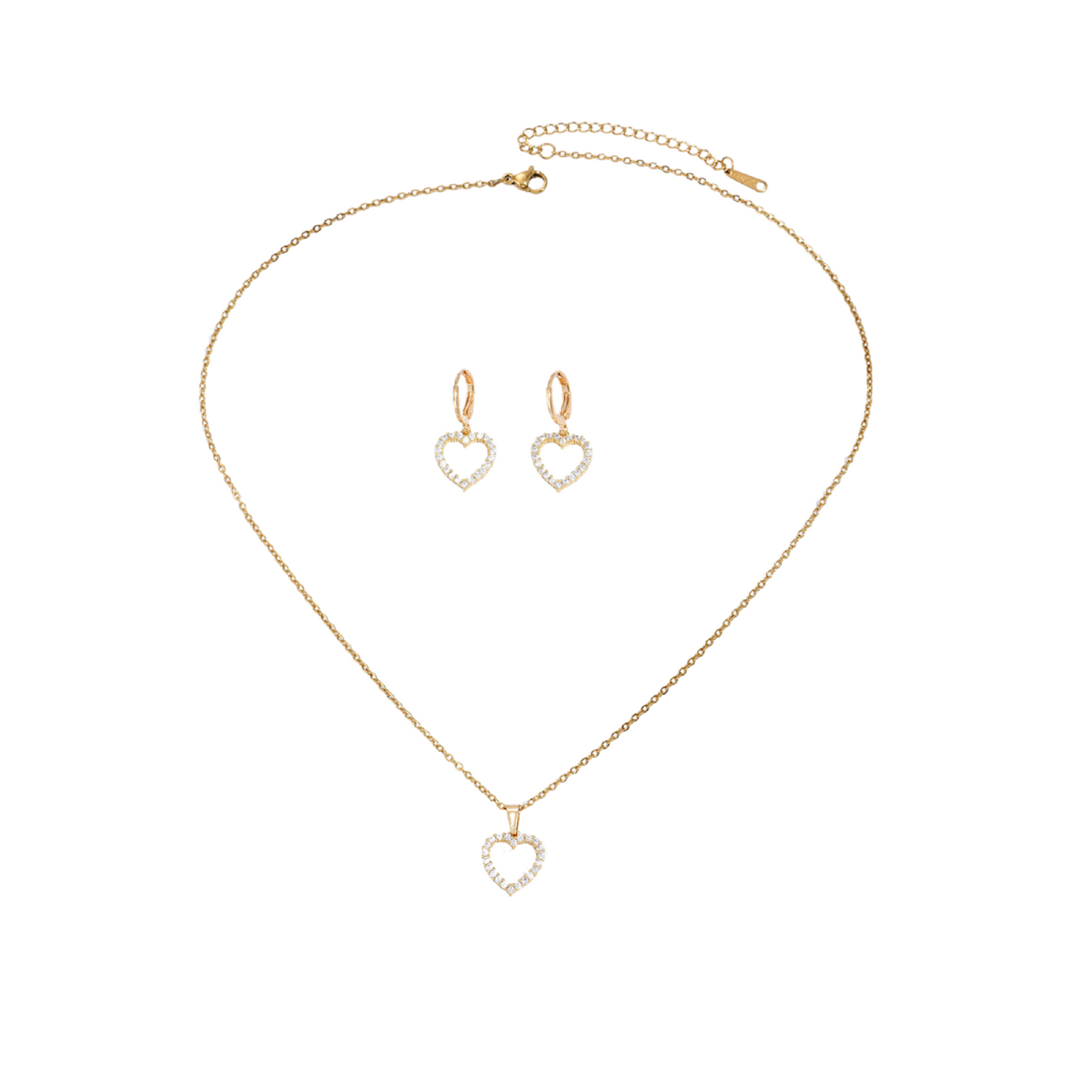 Love Heart Zircon Crystals Necklace and Huggies Earring Gold Tone 2 Pcs Jewellery Set