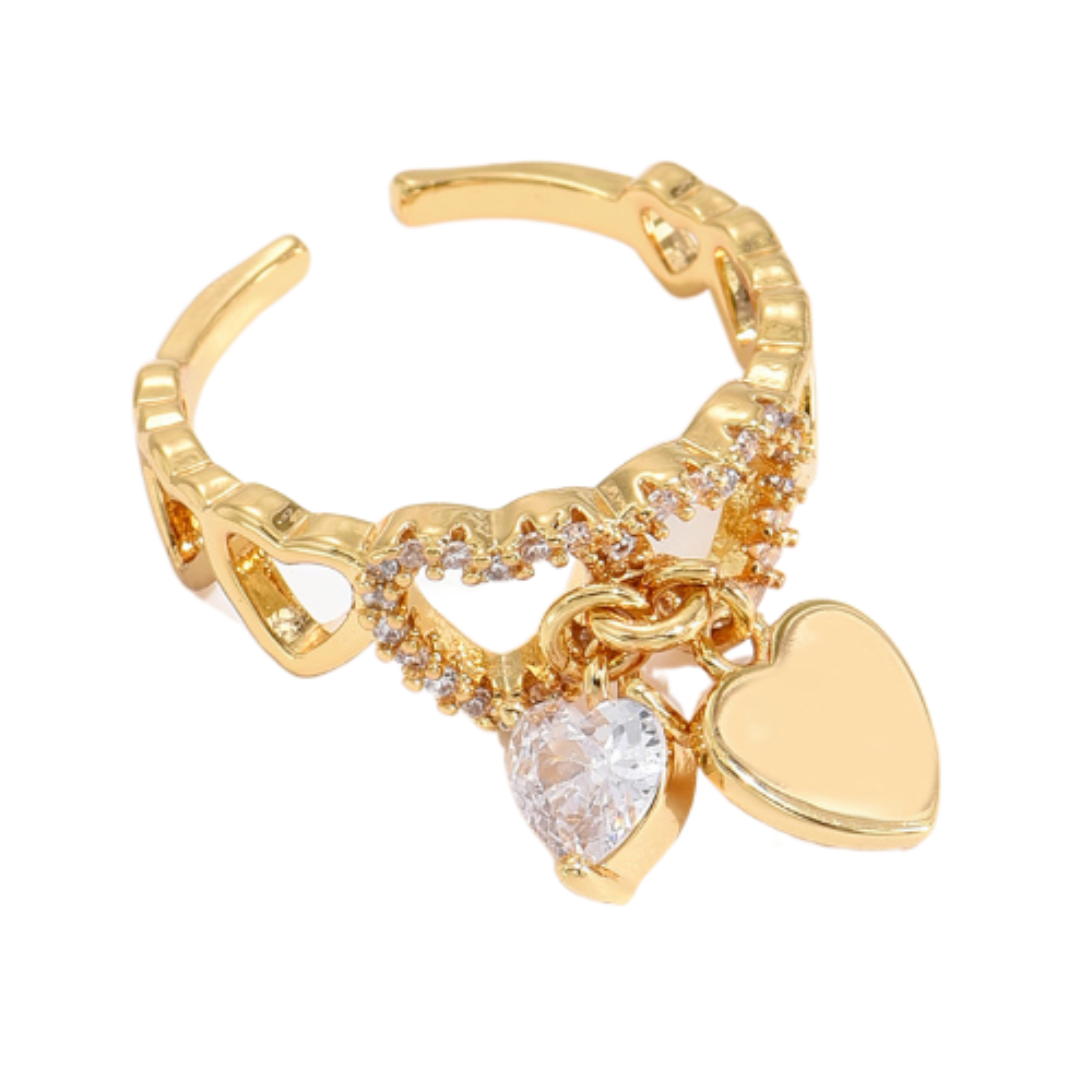 Love Heart Charm Zircon Crystal Band Open Ring Adjustable