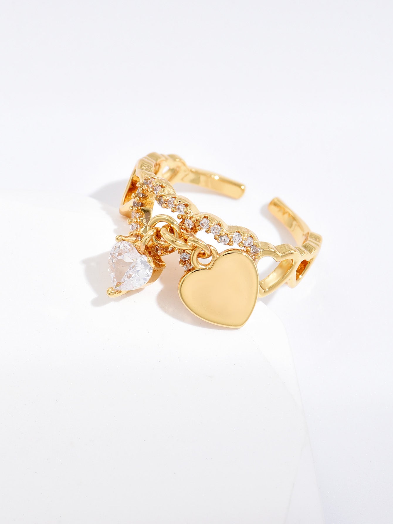 Love Heart Charm Zircon Crystal Band Open Ring Adjustable
