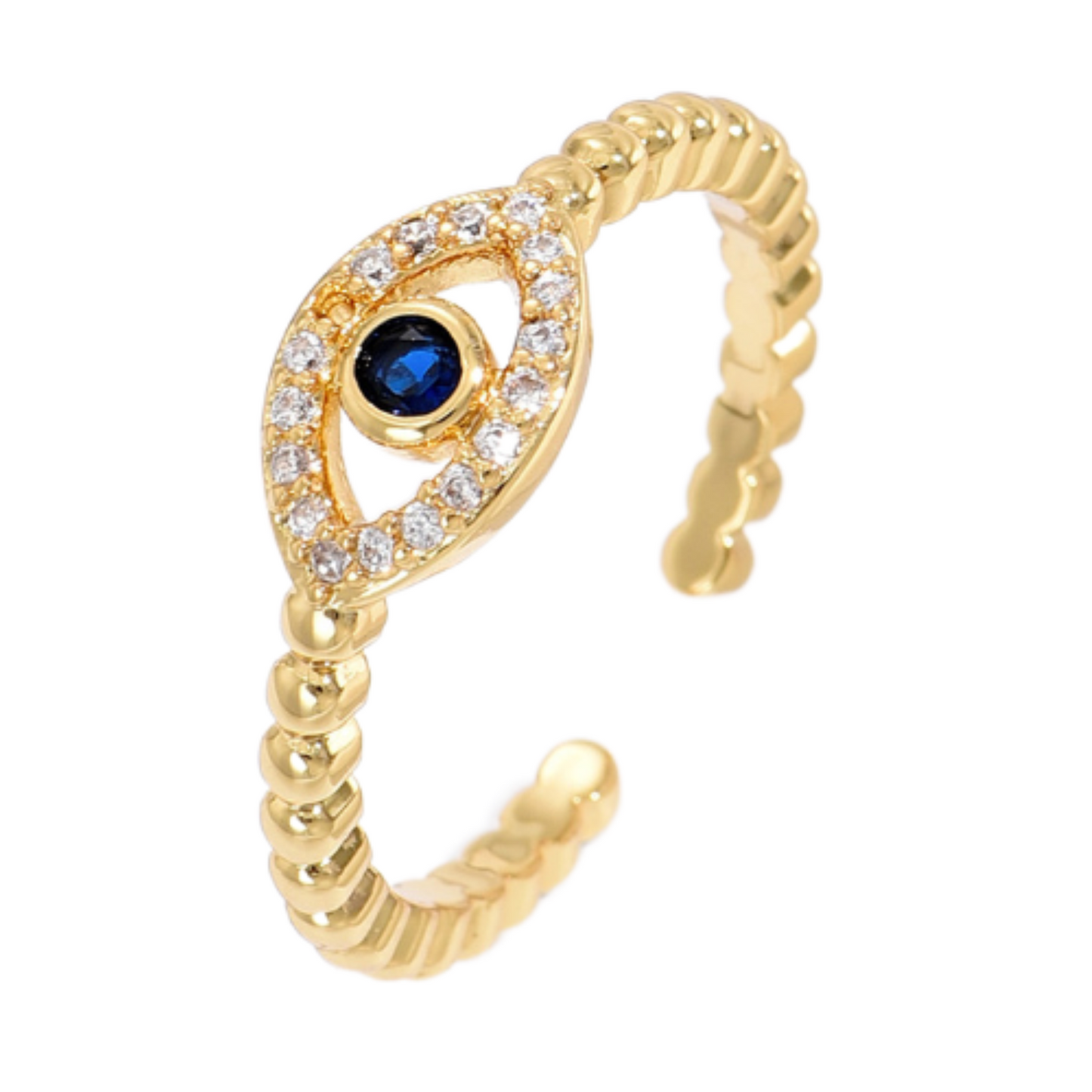 Blue Evil Eye Zircon Crystals Open Ring Adjustable in Gold Tone