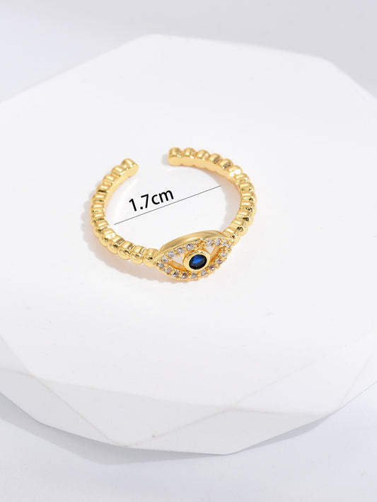 Blue Evil Eye Zircon Crystals Open Ring Adjustable in Gold Tone