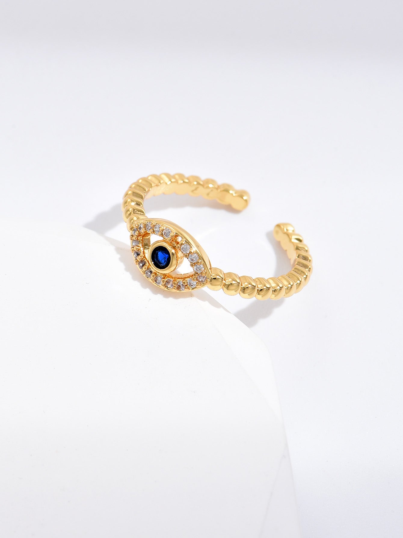 Blue Evil Eye Zircon Crystals Open Ring Adjustable in Gold Tone