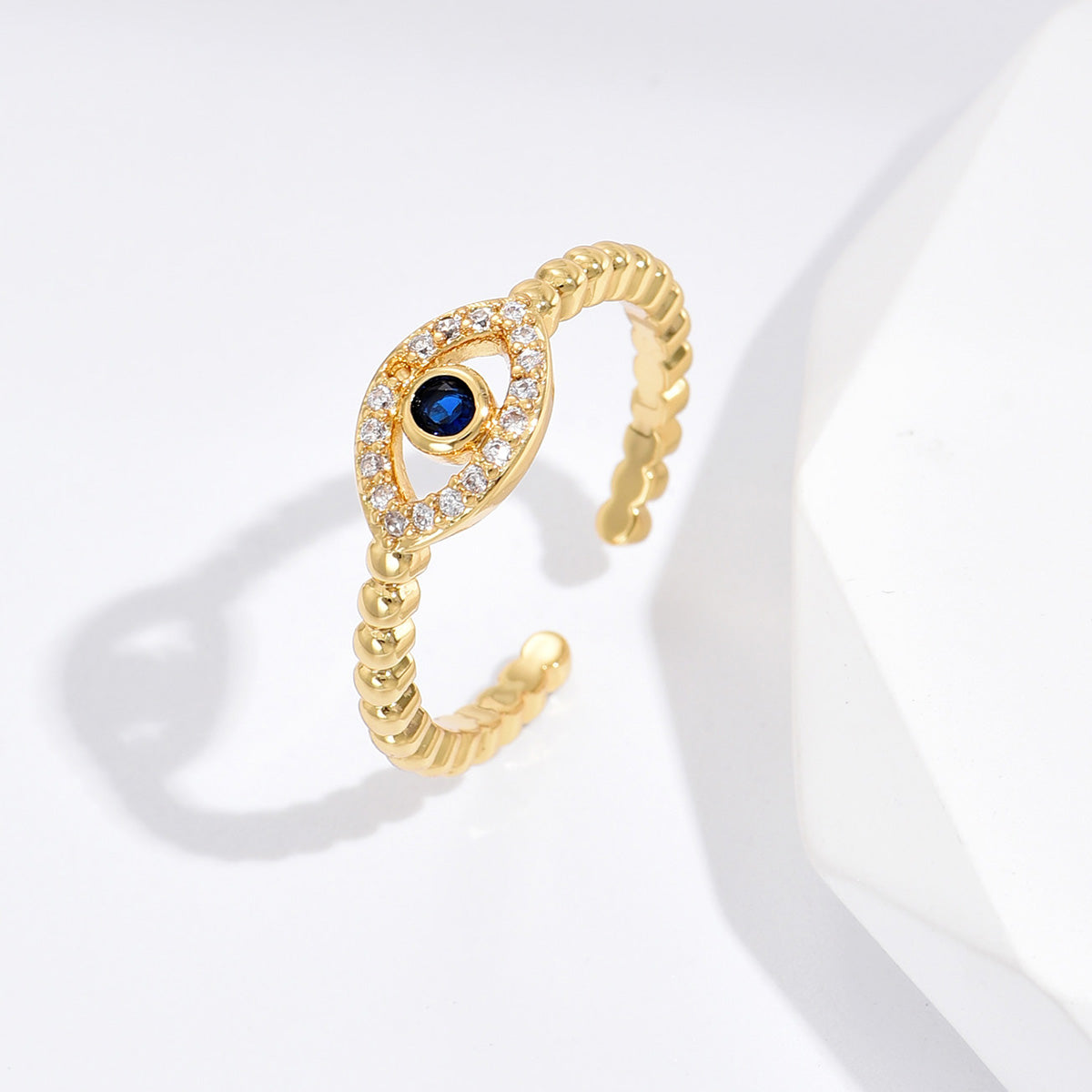 Blue Evil Eye Zircon Crystals Open Ring Adjustable in Gold Tone