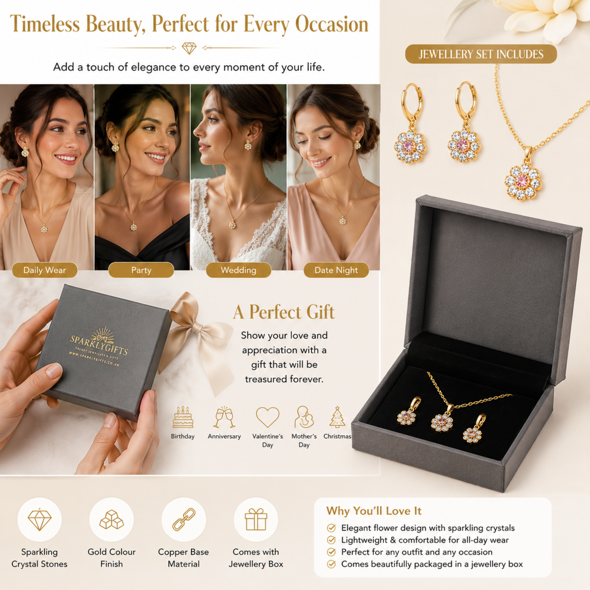 Flower Zircon Crystals Necklace and Huggies Earring Gold Tone 2 Pcs Jewellery Set