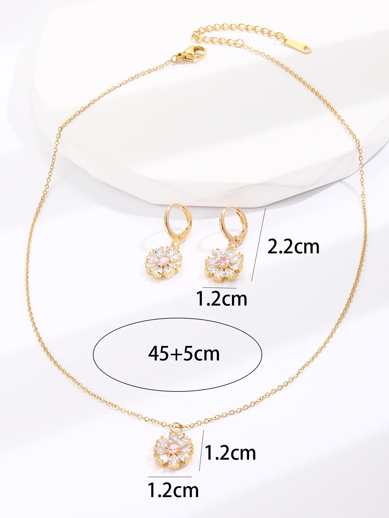 Flower Zircon Crystals Necklace and Huggies Earring Gold Tone 2 Pcs Jewellery Set