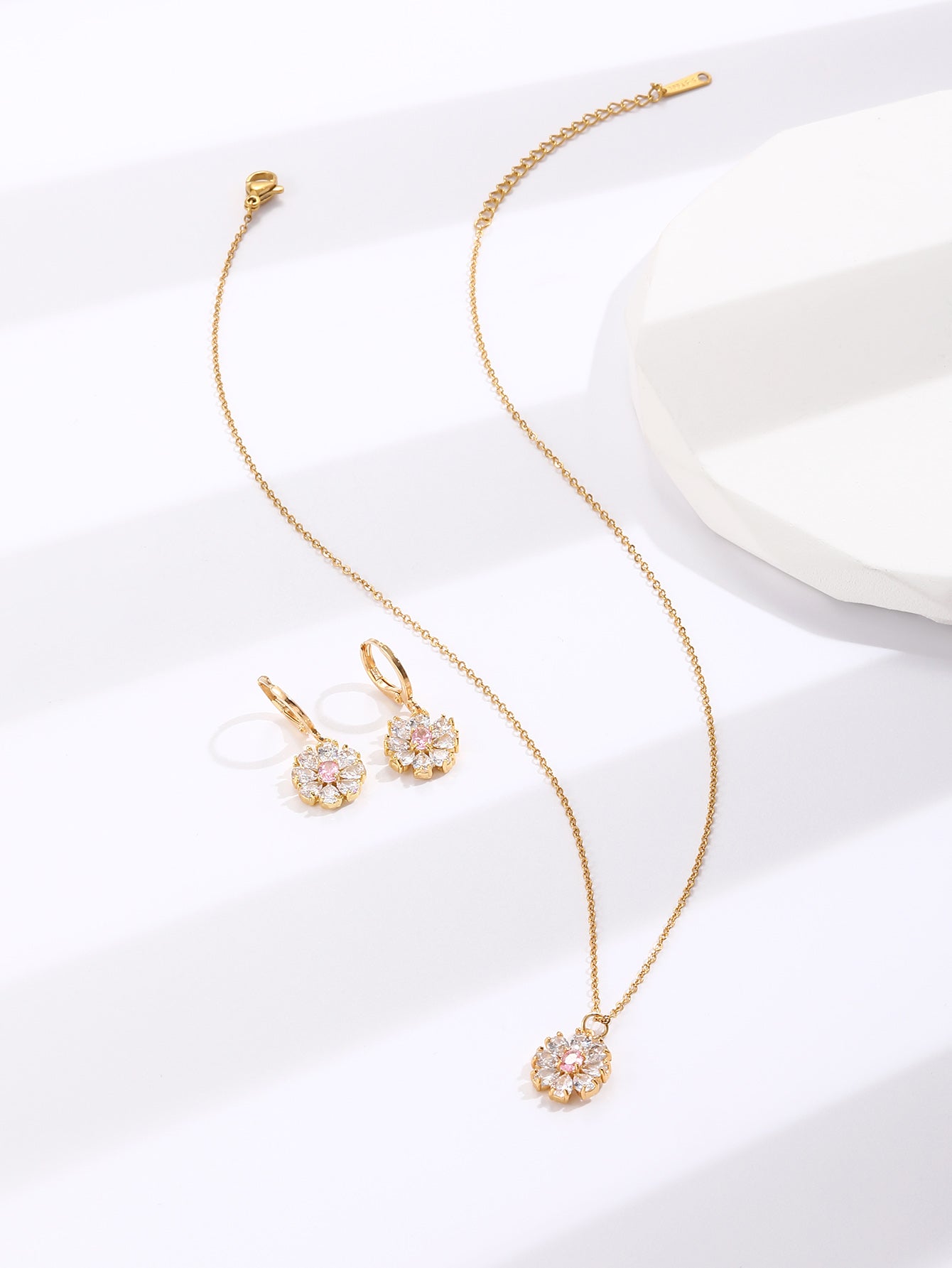 Flower Zircon Crystals Necklace and Huggies Earring Gold Tone 2 Pcs Jewellery Set