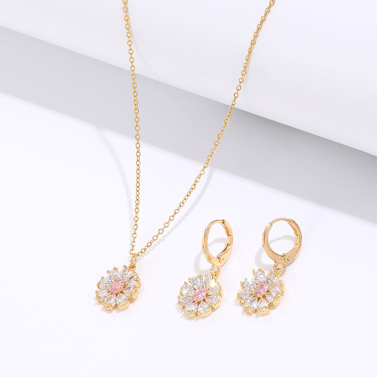 Flower Zircon Crystals Necklace and Huggies Earring Gold Tone 2 Pcs Jewellery Set
