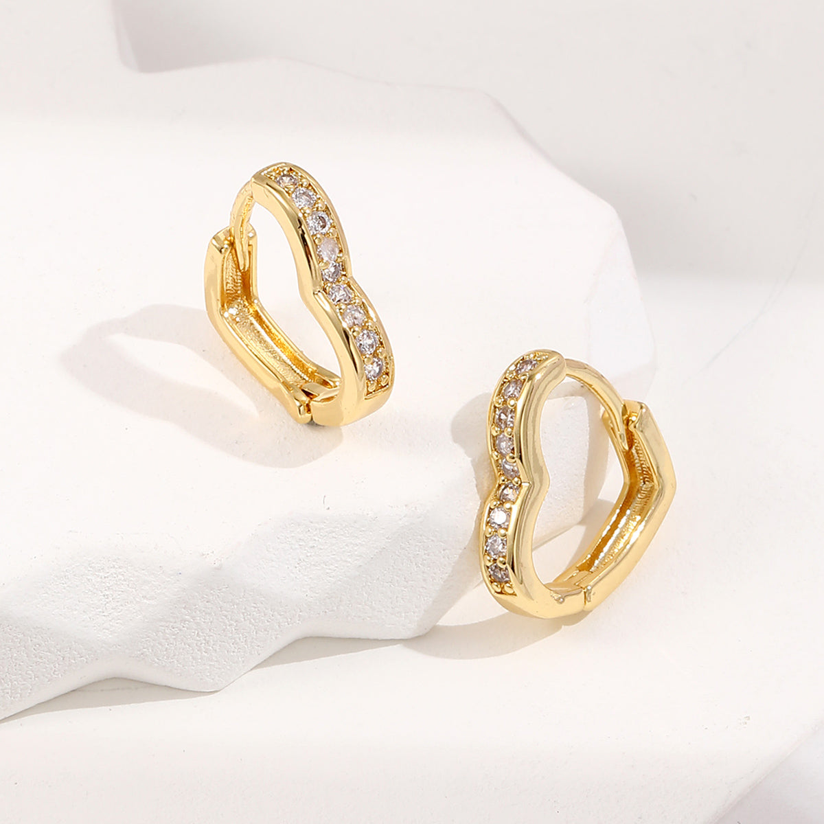 Love Heart Zircon Crystals Hoop Huggie Gold Plated Earrings