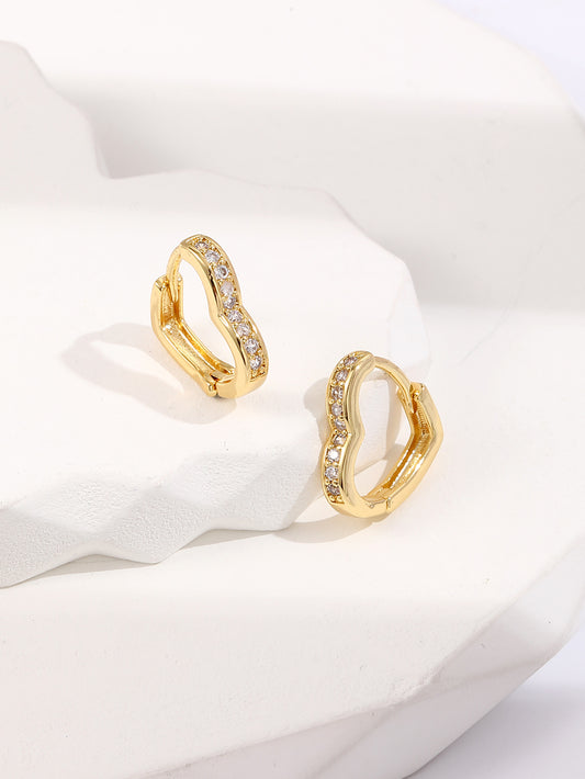 Love Heart Zircon Crystals Hoop Huggie Gold Plated Earrings