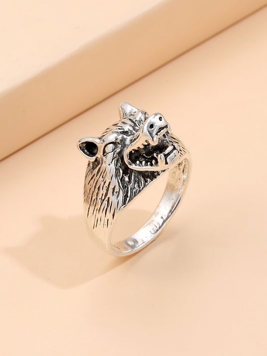 Fashionable Wolf Head Ring Silver Tone