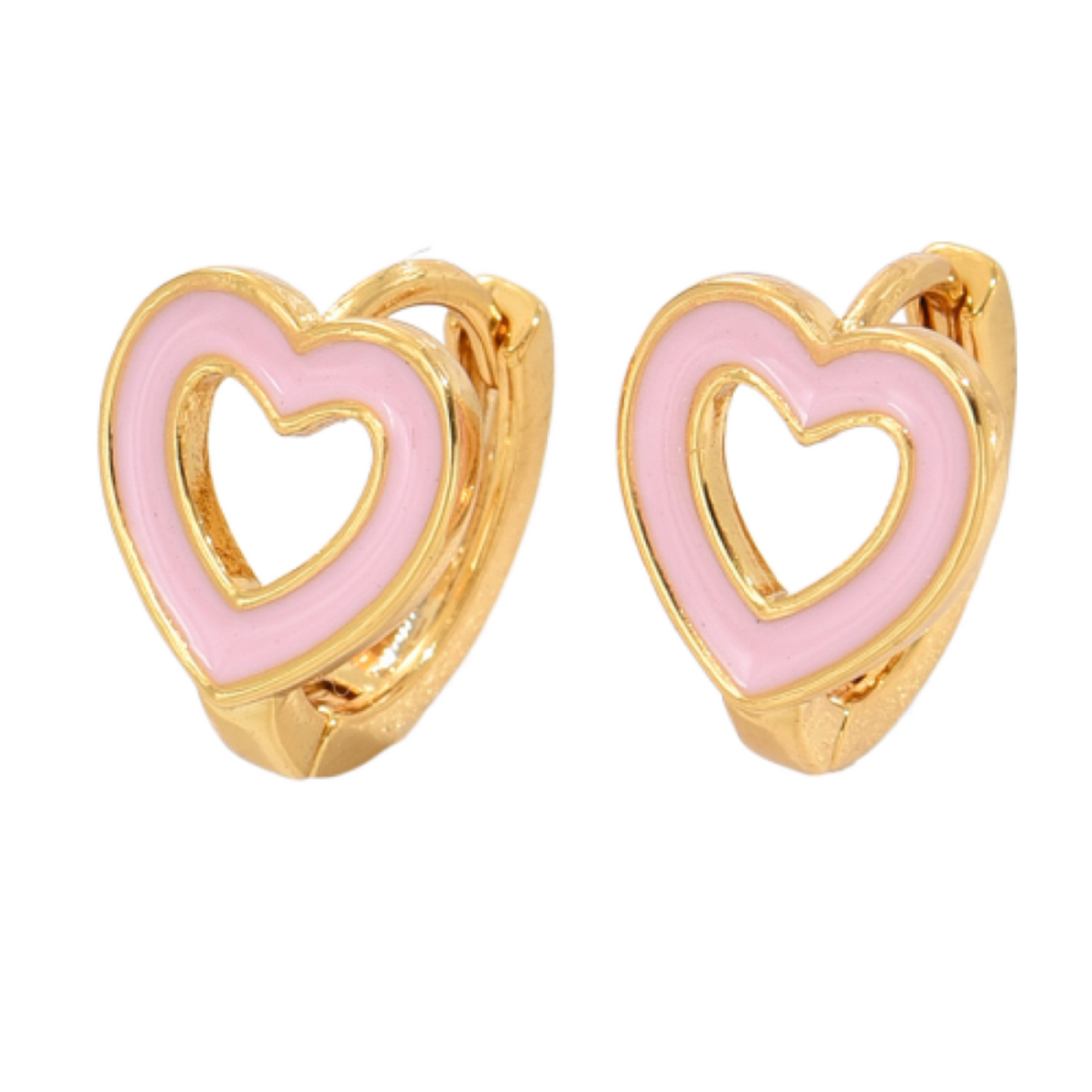 Pink Enamel Love Heart Huggie Hoop Gold Plated Earrings