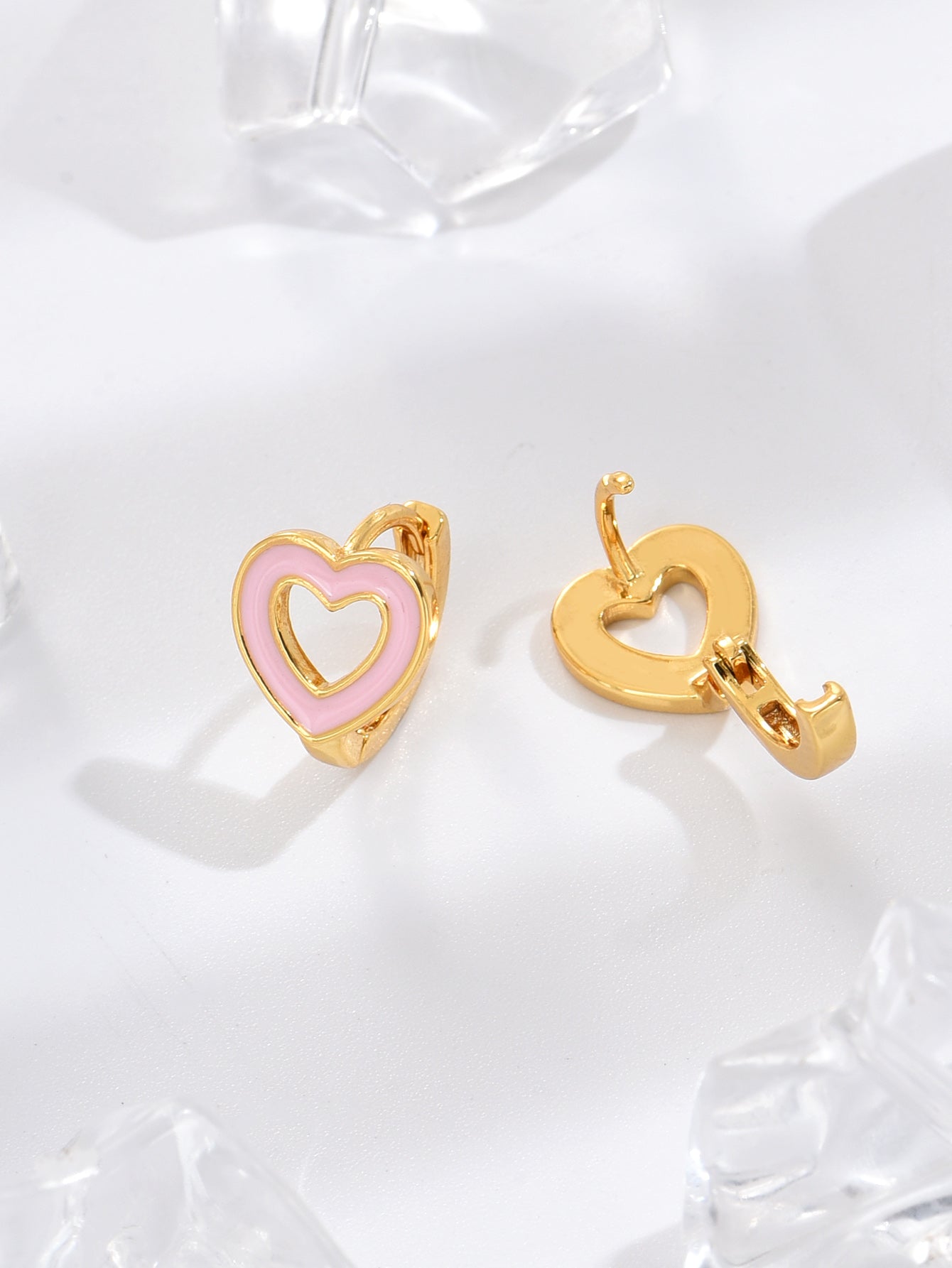 Pink Enamel Love Heart Huggie Hoop Gold Plated Earrings