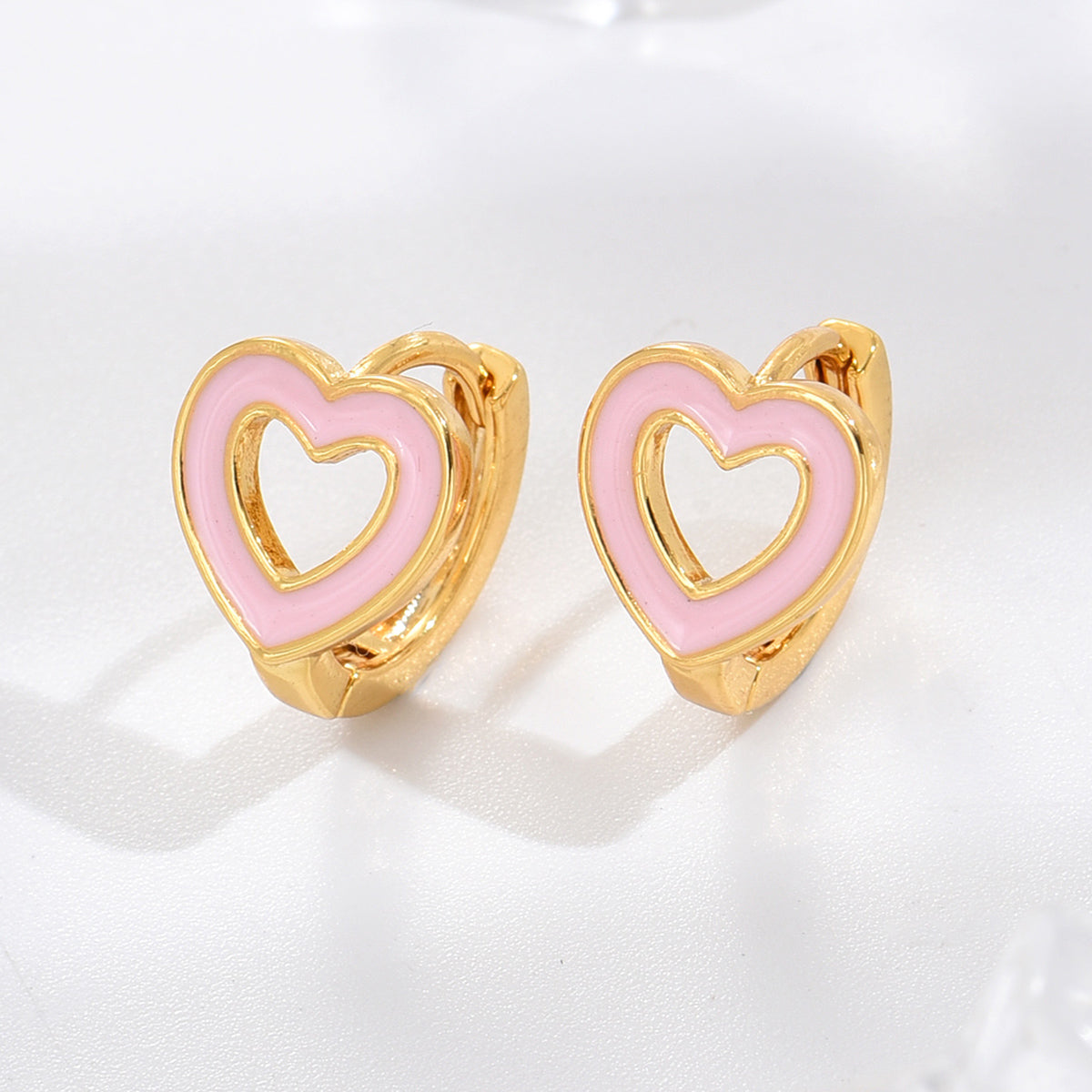 Pink Enamel Love Heart Huggie Hoop Gold Plated Earrings