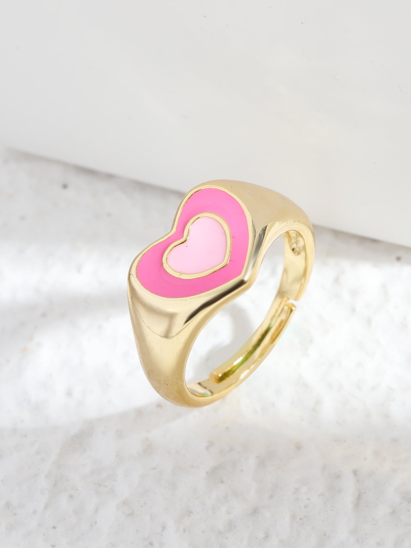 Pink Double Love Heart Open Ring Adjustable in Gold