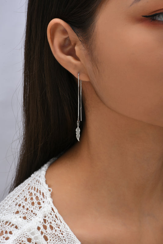 Leaf Threader Drop Dangling Earrings Silver Plated
