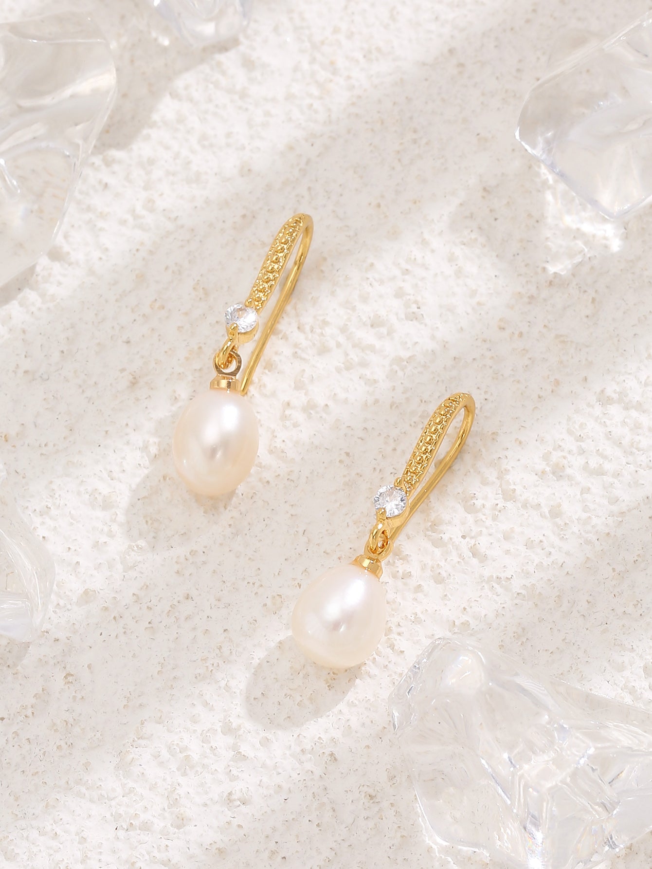 Pearl Drop Hook Zircon Crystals Gold Plated Earrings