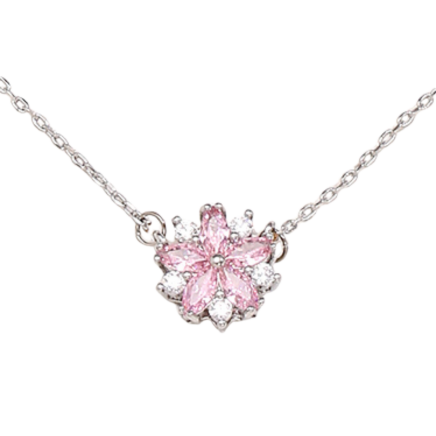 Flower Sakura Pink Zircon Crystal Silver Pendant Necklace