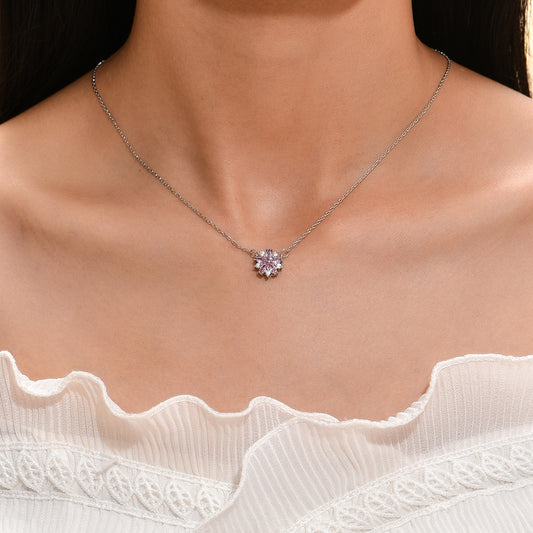 Flower Sakura Pink Zircon Crystal Silver Pendant Necklace