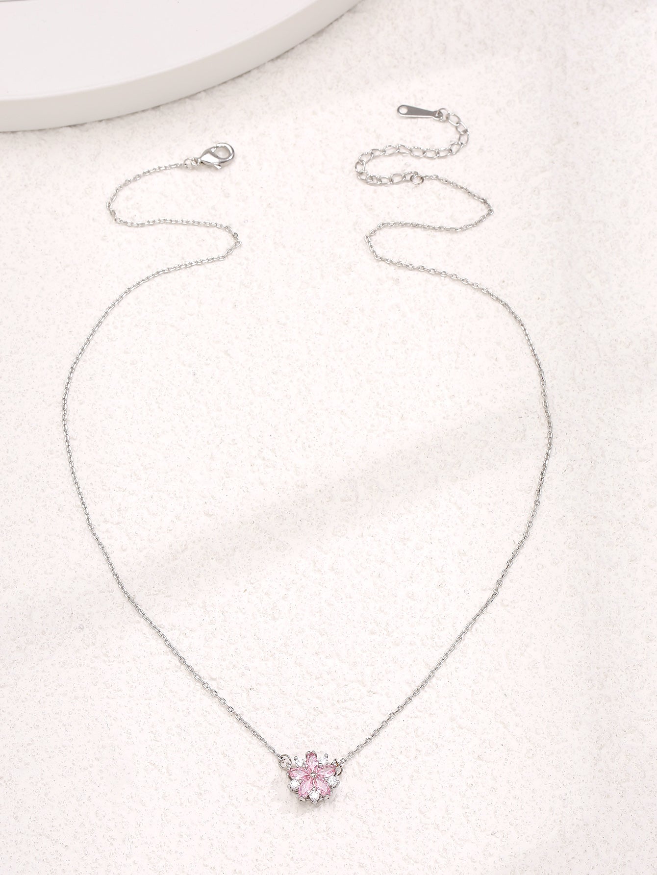 Flower Sakura Pink Zircon Crystal Silver Pendant Necklace