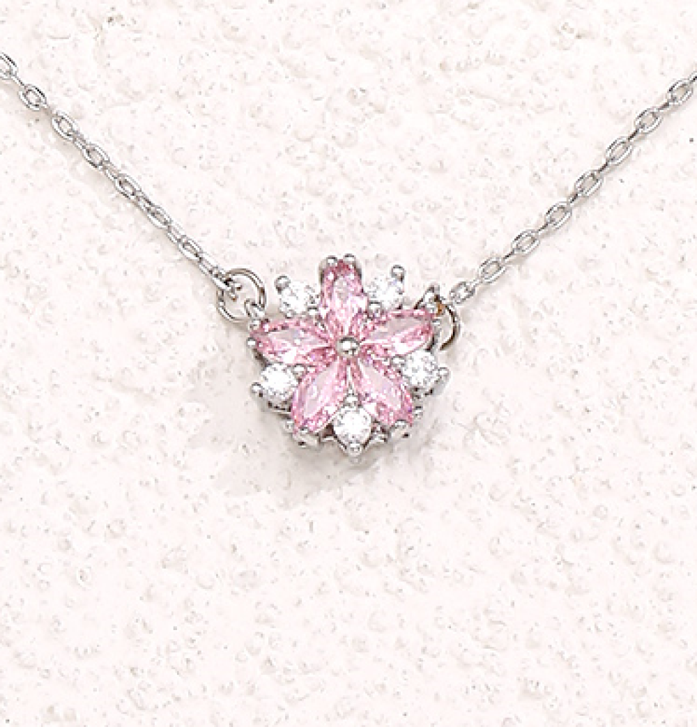 Flower Sakura Pink Zircon Crystal Silver Pendant Necklace