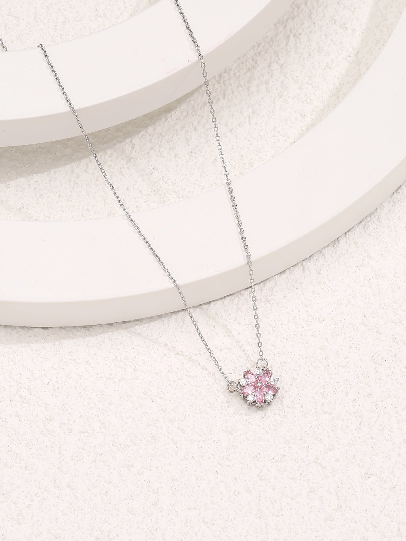Flower Sakura Pink Zircon Crystal Silver Pendant Necklace