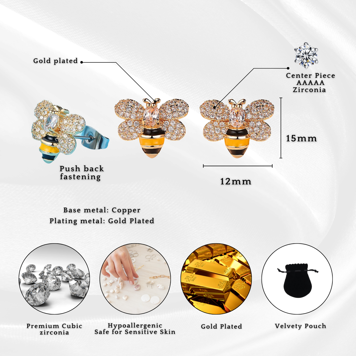 Bee Design Zircon Crystal Stud Earrings
