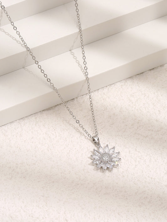 Sunflower Zircon Crystal Silver Plated Pendant Necklace