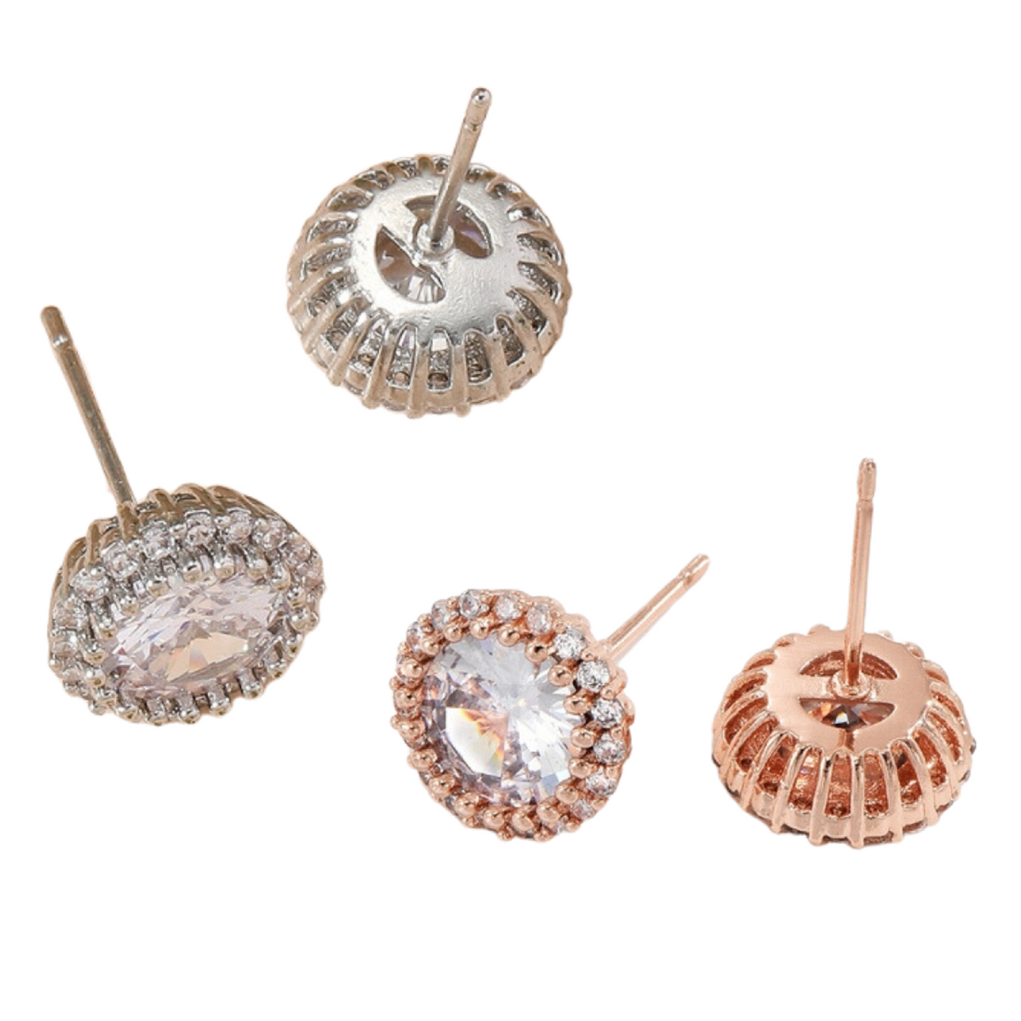 Clear Crystal Cubic Zirconia Round Stud Earrings in Silver Tone or Rosegold Tone