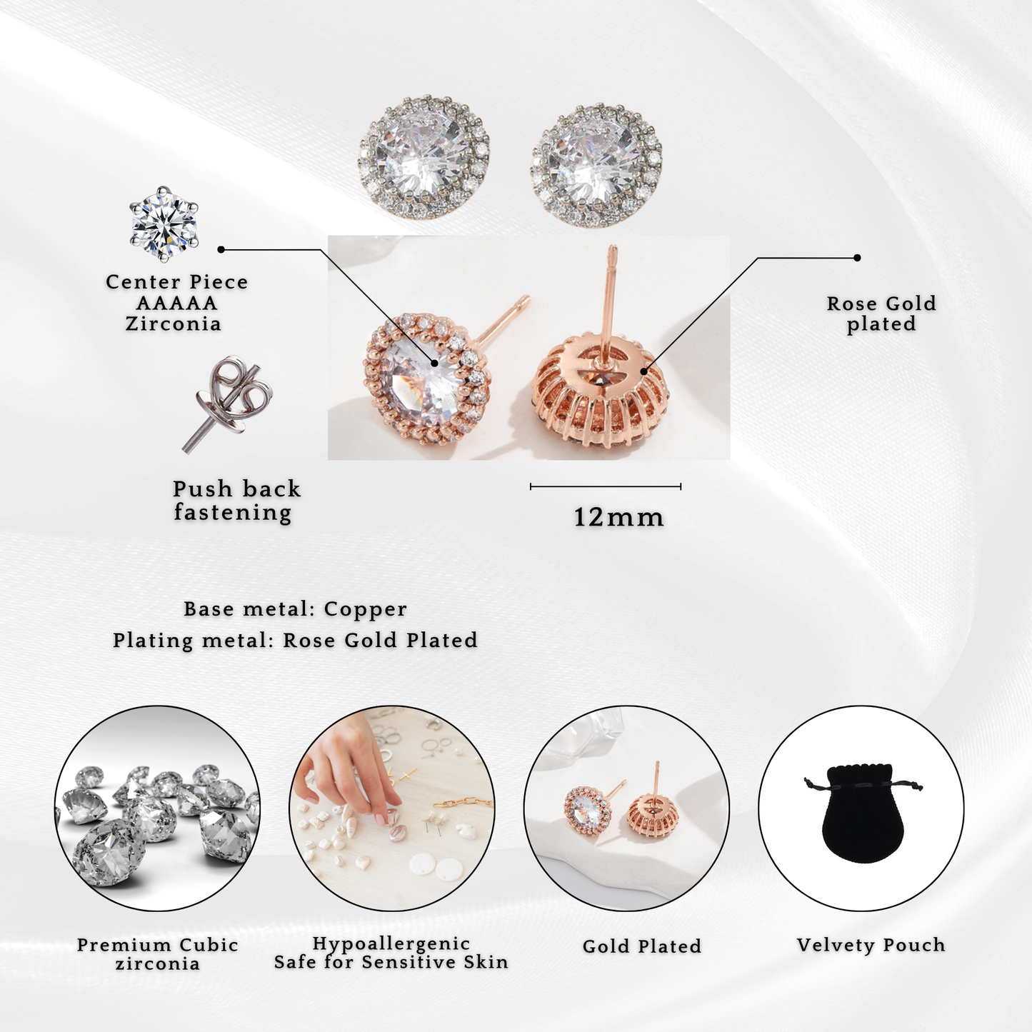 Clear Crystal Cubic Zirconia Round Stud Earrings in Silver Tone or Rosegold Tone