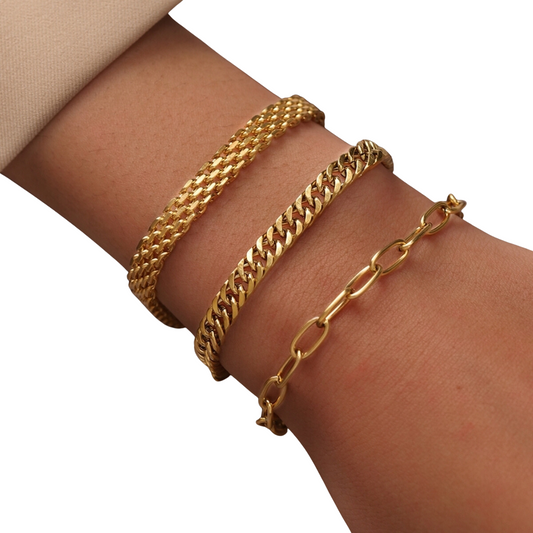 Fashionable Three Layers Gold Tone Women Chain Bracelet Set
