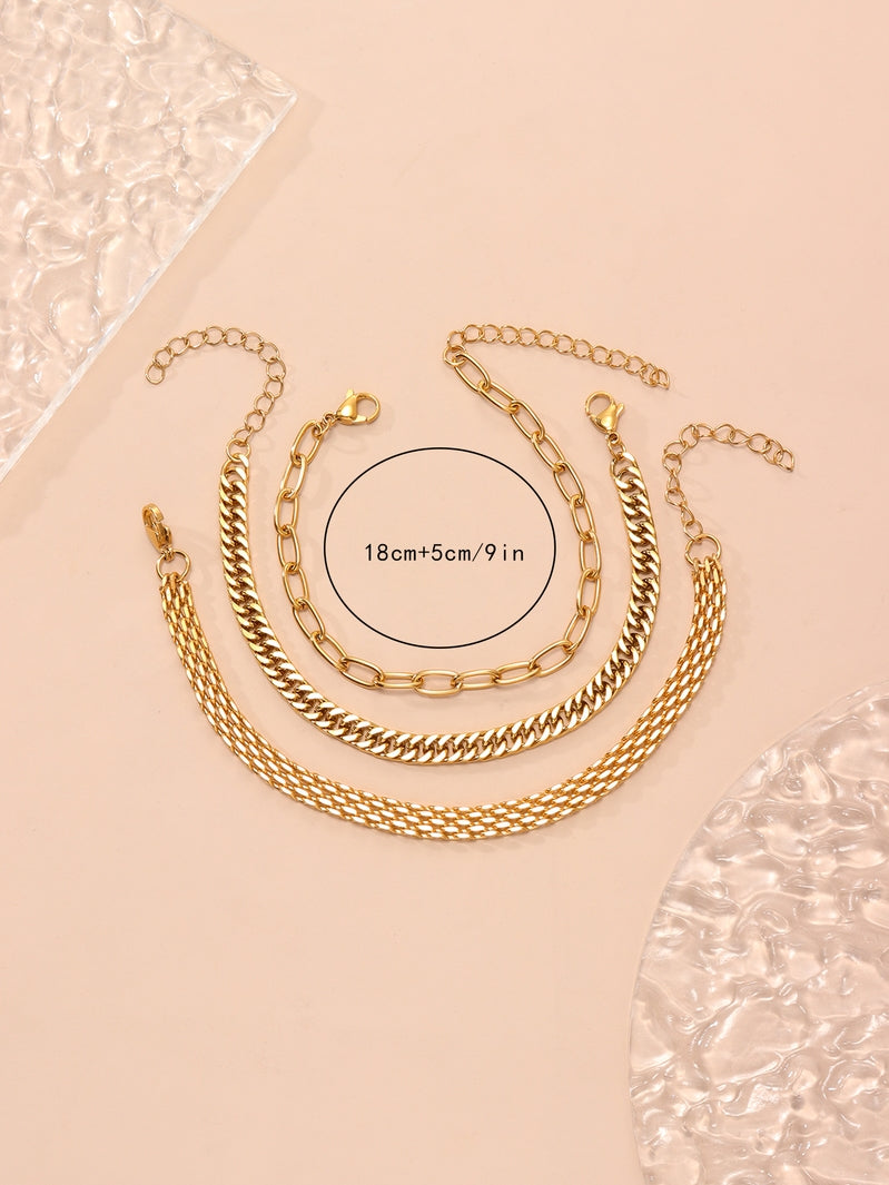 Fashionable Three Layers Gold Tone Women Chain Bracelet Set